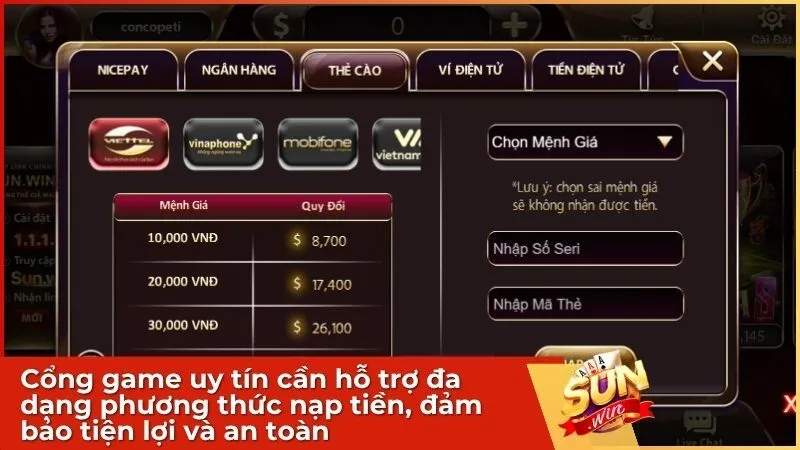 Một cổng game uy tín cần hỗ trợ đa dạng kênh nạp tiền, giúp giao dịch nhanh và an toàn